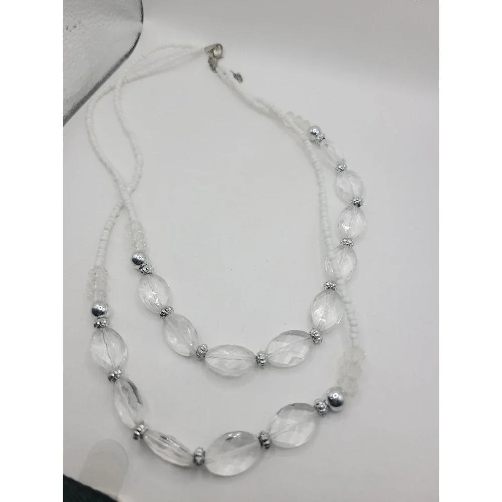 White Clear Double Strand Beaded Necklace Faceted Oval Silver Tone Statement